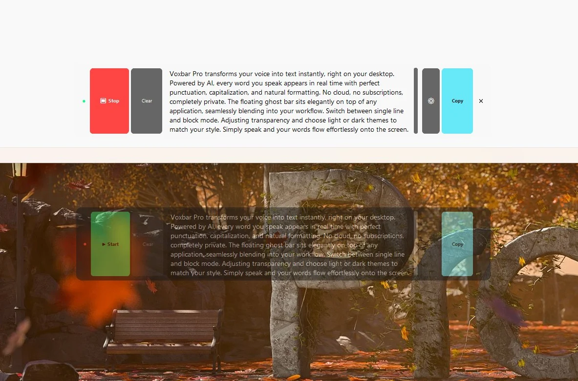 VoxBar Pro block mode — light theme solid on white background vs transparent over autumn park wallpaper