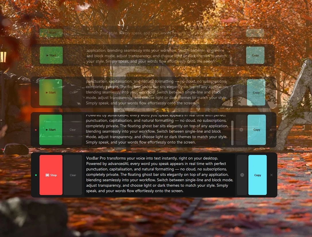 VoxBar Pro at five different sizes cascading over an autumn wallpaper — from single-line to full block mode