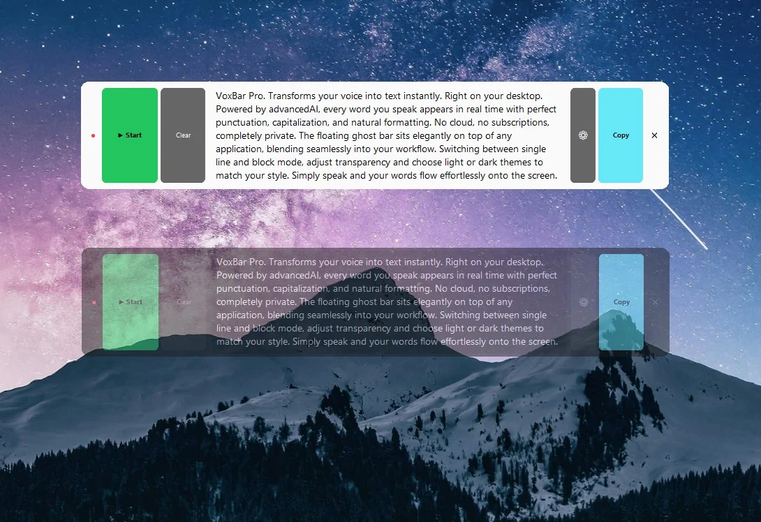VoxBar Pro block mode — light solid and glass transparent themes over a galaxy mountain wallpaper