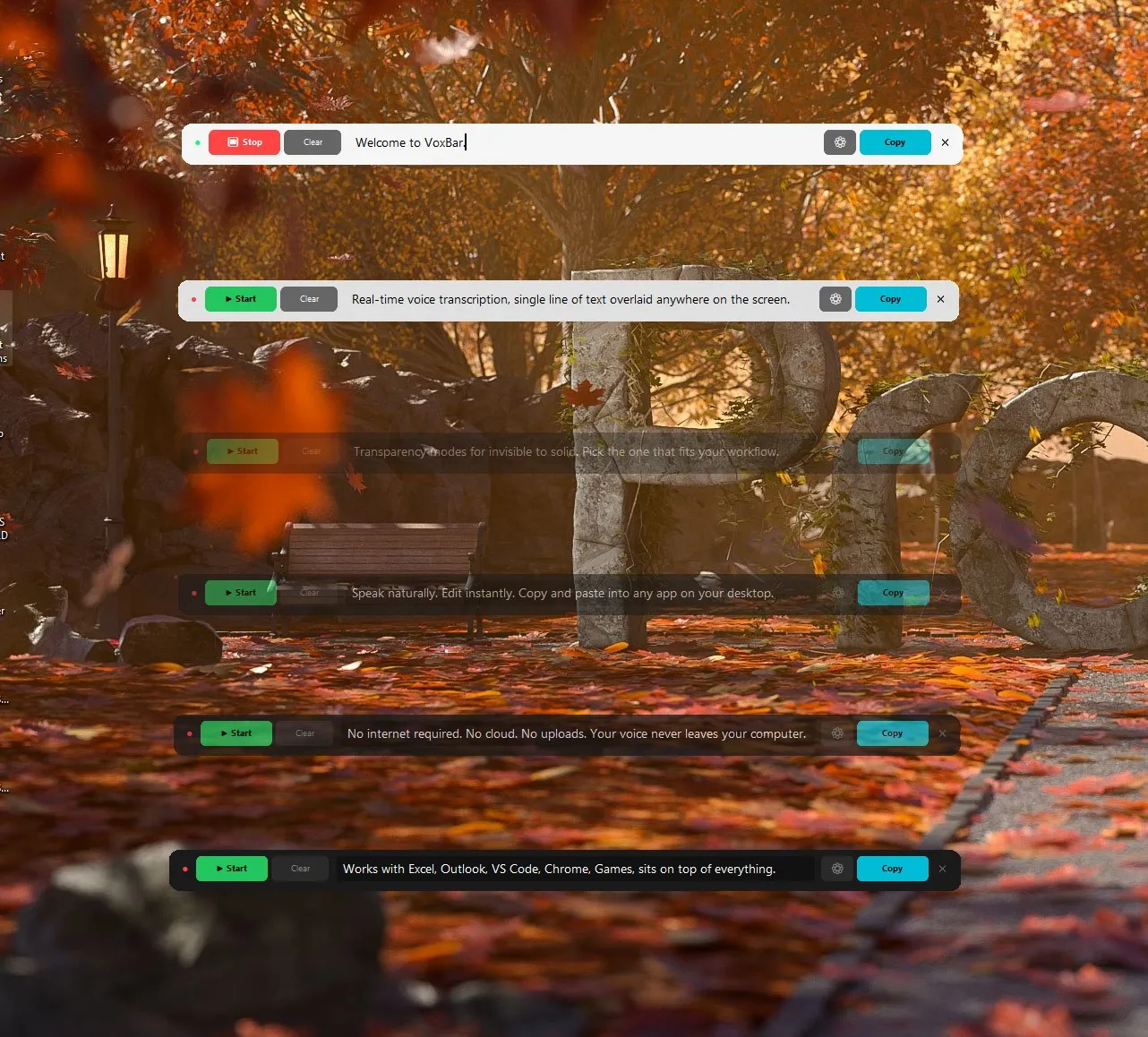 Overlay Bar showing all transparency modes — Crystal, Frost, Glass, Haze, Smoke, and Solid — cascading over a scenic background