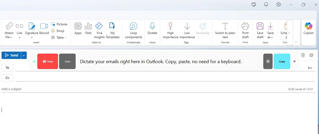 Overlay Bar floating inside Microsoft Outlook — dictate emails in real time
