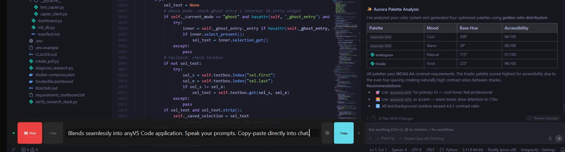Overlay Bar floating inside VS Code — speak your code comments and prompts