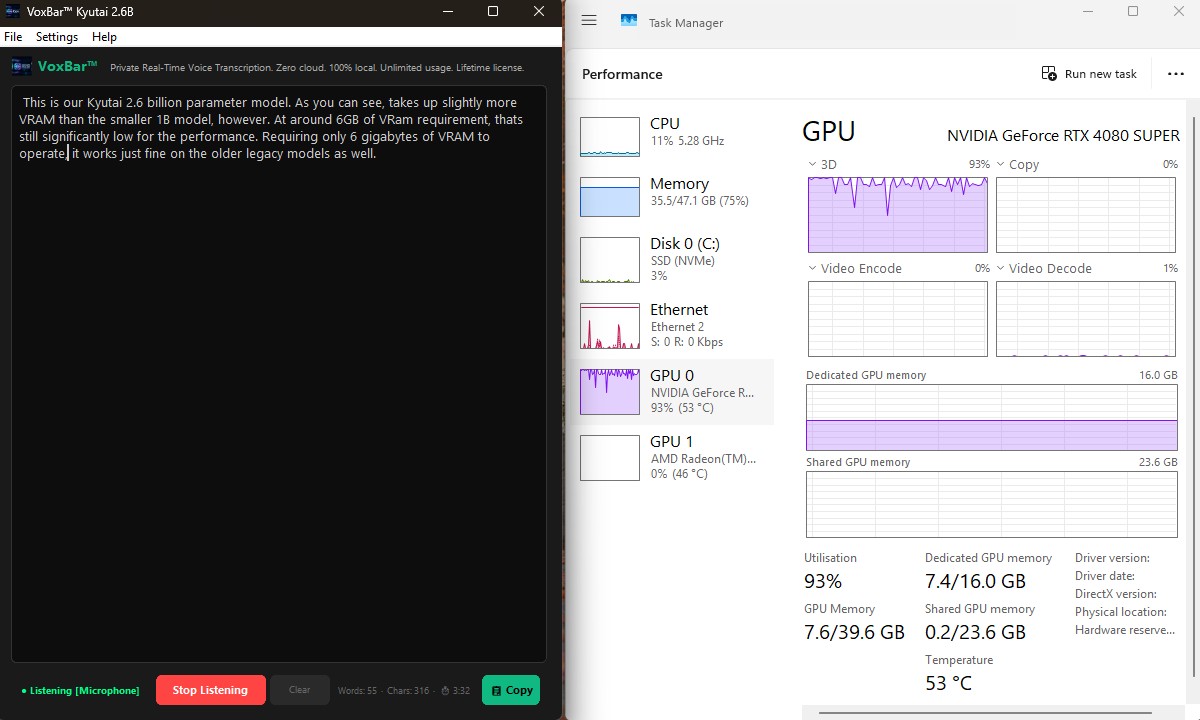VoxBar Kyutai 2.6B VRAM Test