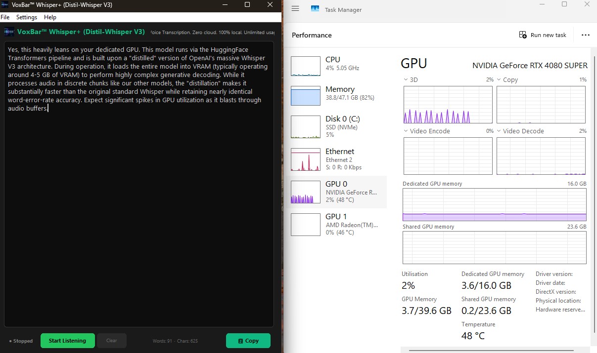 VoxBar Whisper Distil V3 VRAM Test