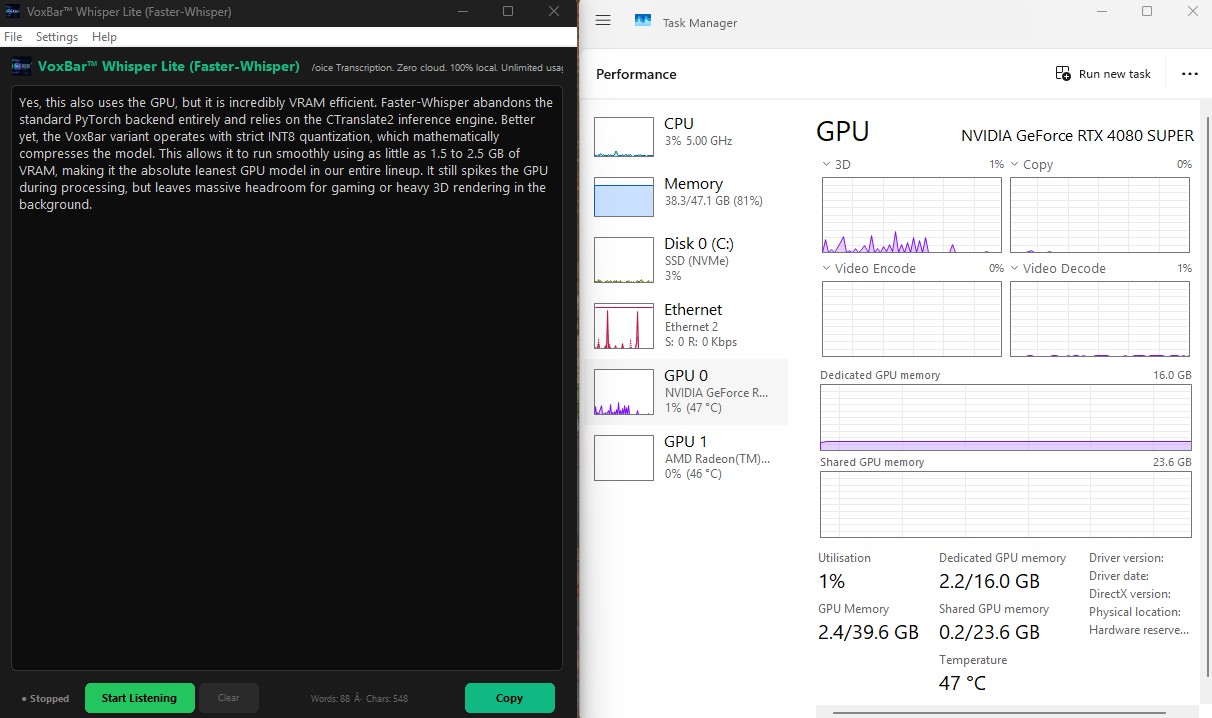 VoxBar Whisper Lite VRAM Test